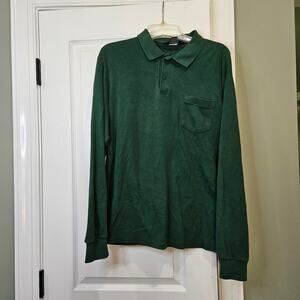 Vintage Lands' End‎ Men's Large 100% Cotton Made In USA Green Long Sleeve Polo